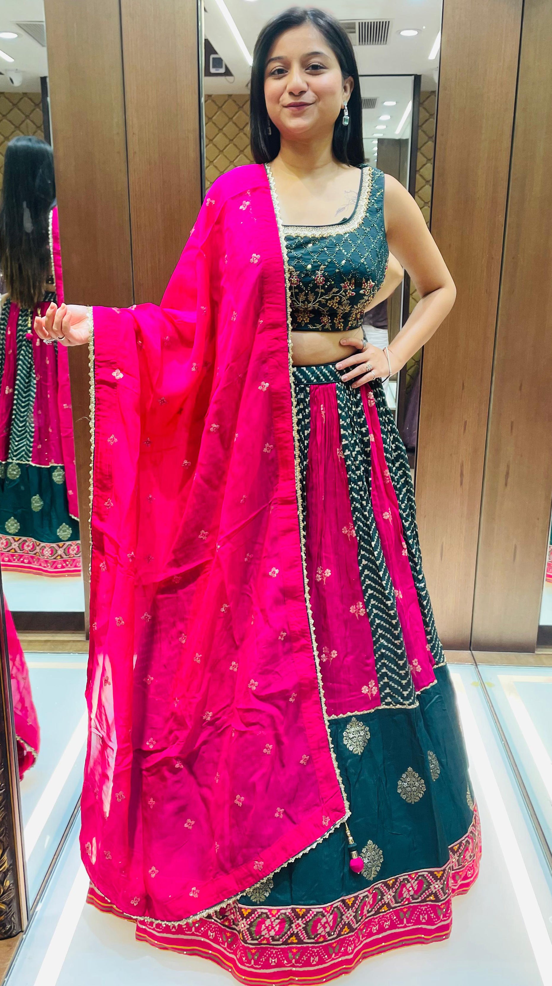 Rani And Green Color Patola Silk Hand Work Lehenga Choli